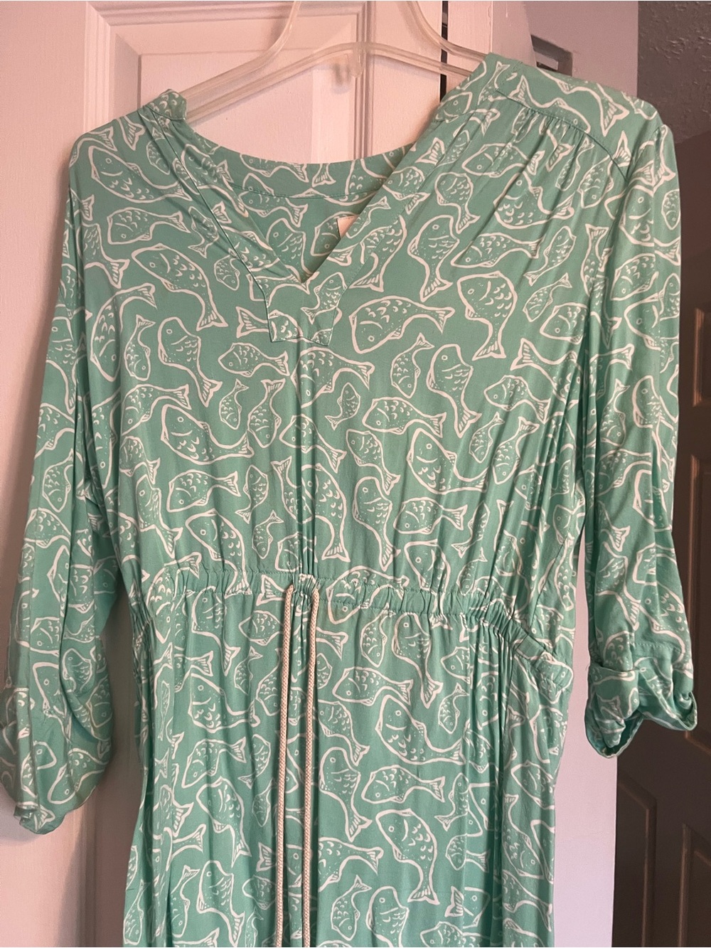 Vineyard Vines Mint Green Fish-Print Drawstring Long Sleeve Dress